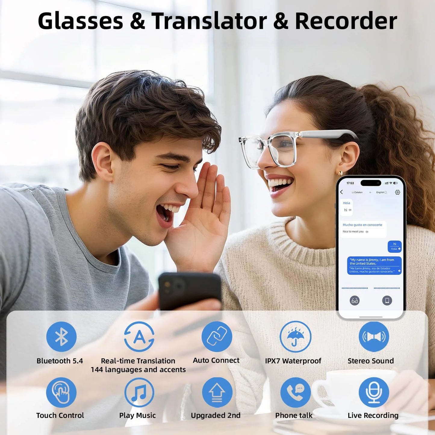 Smart Glasses, AI Bluetooth Glasses with Speaker, 144 Languages & Accents Real Time Translation, UV Protection AI Glasses with Bluetooth 5.4, Smart Sunglasses for Men & Woman (Noble White)